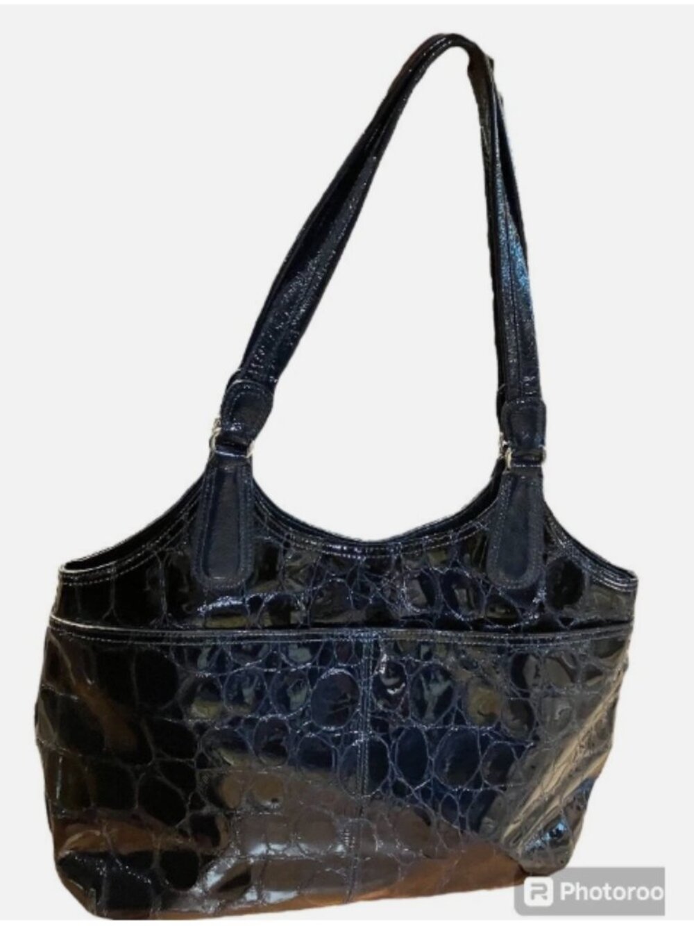 BRIGHTON NAVY BLUE CROC EMBOSSED LEATHER SHOULDER BAG GREAT CONDITION D956223